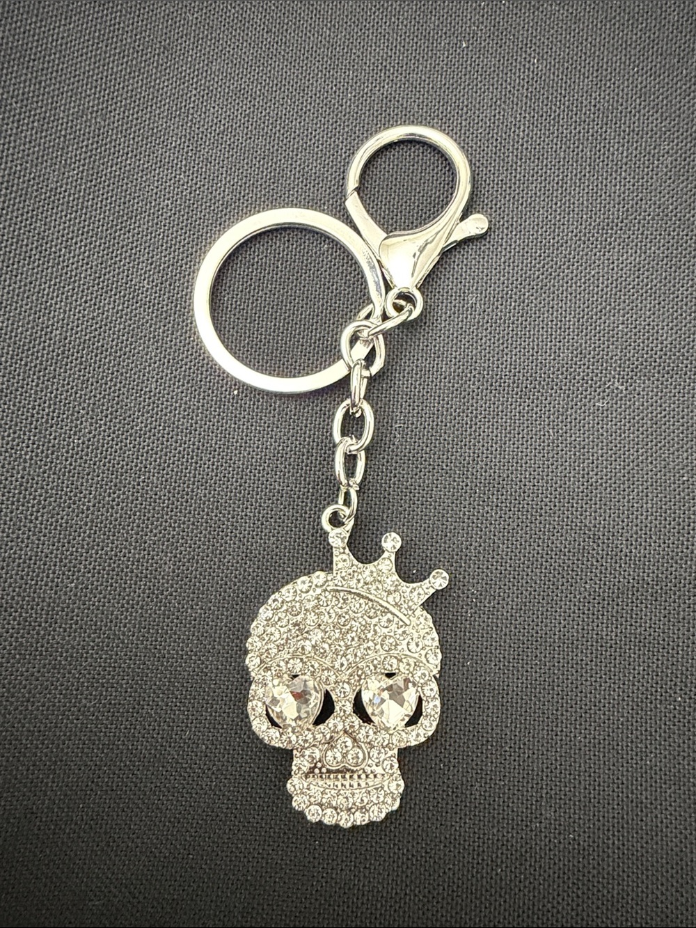 Silver Crystal Crown Skull Keychain - Rhinestone Accent